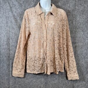 Womens Lace Button Down sheer collar top Shirt Size L Beige Crushed Velvet Sheer